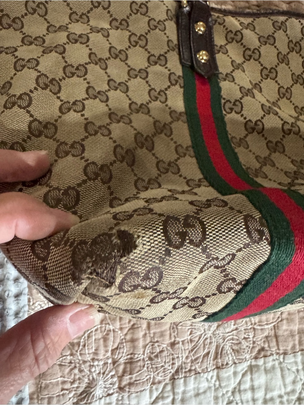 Gucci Beige GG Canvas Tote with Brown Leather Trim and Red-Green Web Stripe - Picture 7 of 12